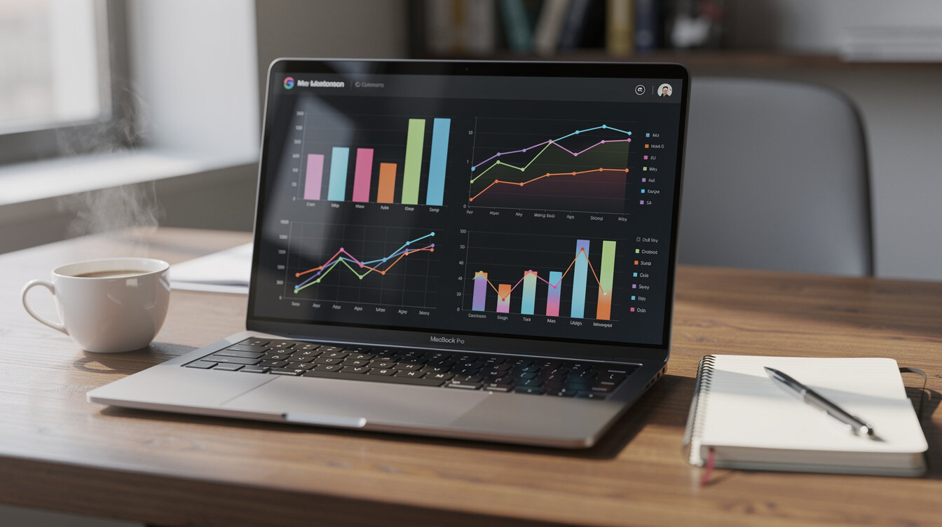 Laptop screen displaying analytical charts and graphs on a desk