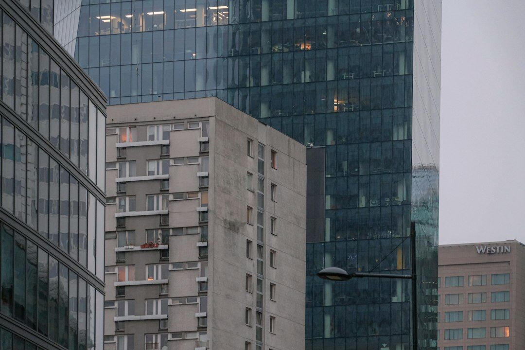 Modern glass office building exterior in a European city