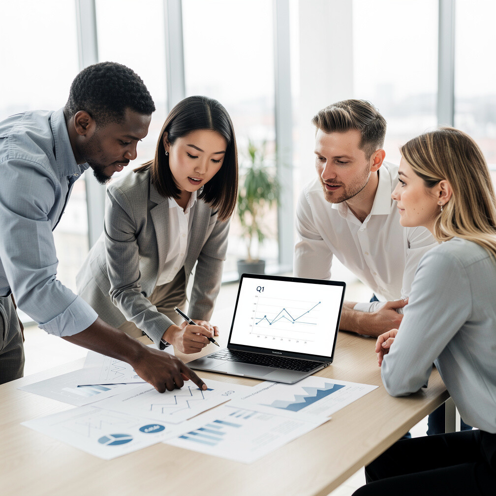 Diverse team of professionals discussing charts in a meeting room